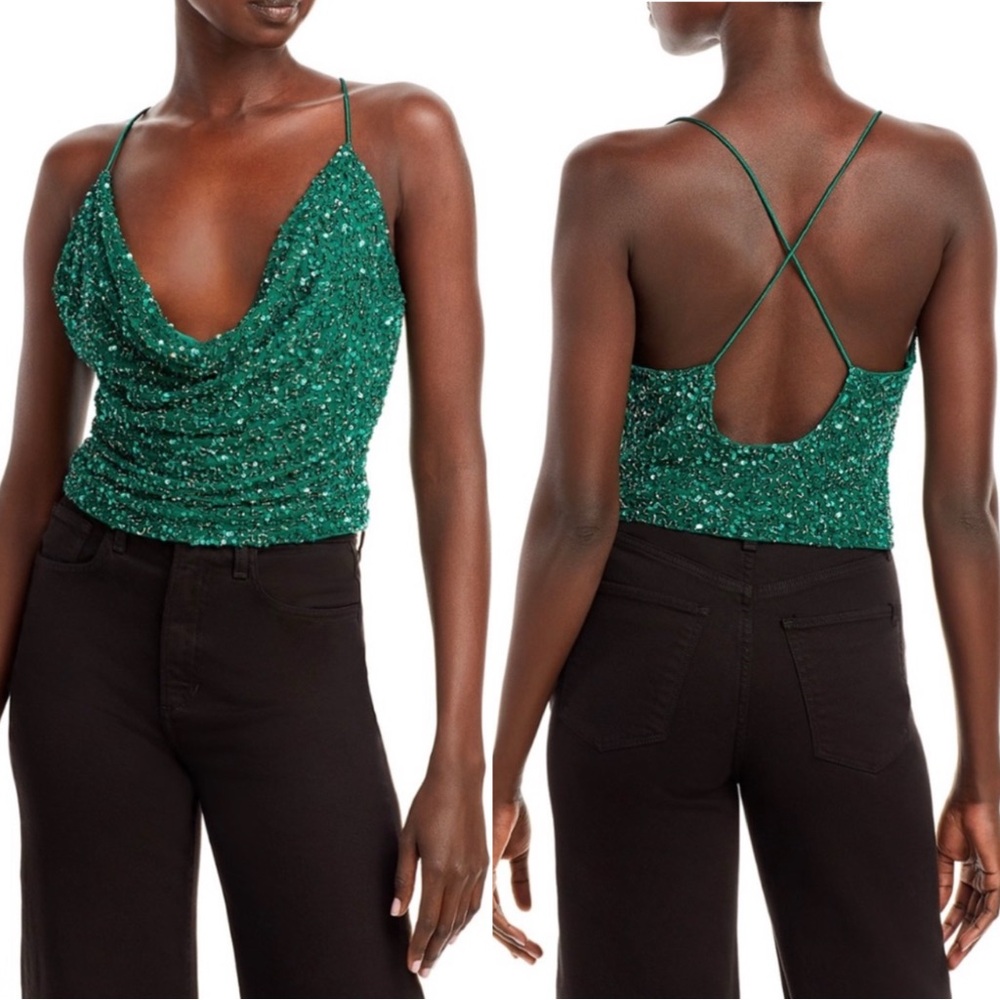 Retroféte Michal Beaded Embellished Cross Back Top in Emerald NWT